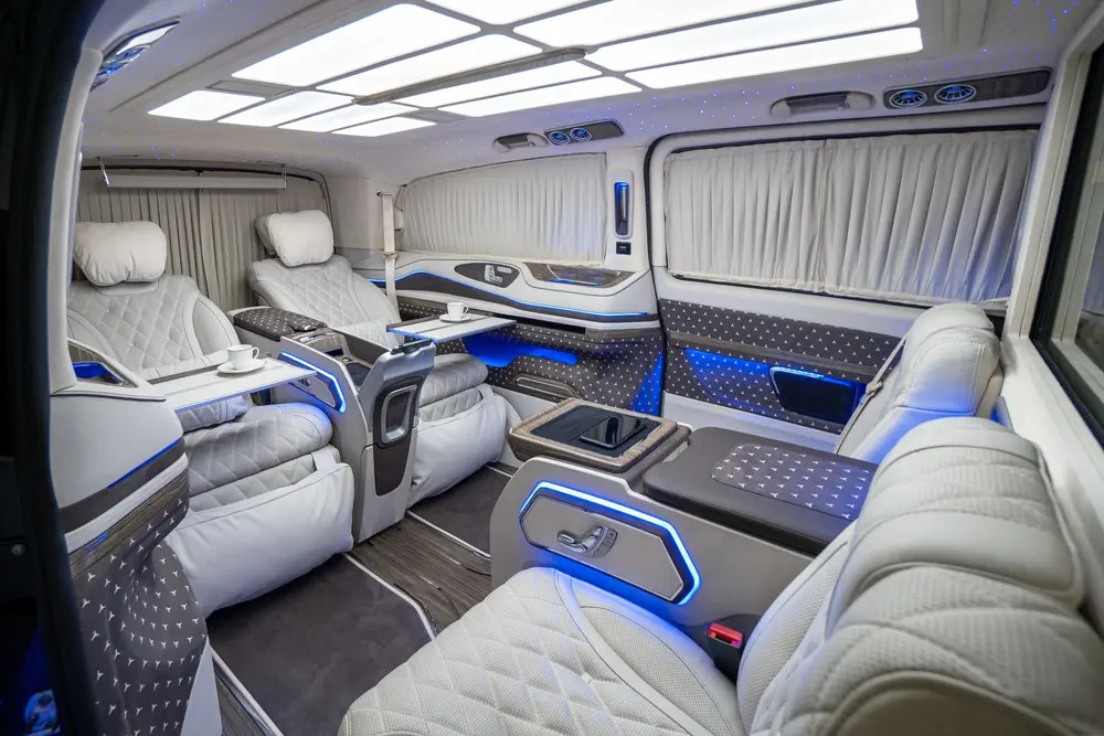 Luxury Mercedes V-Class interior configured for VIP guests, executives and premium event transportation services