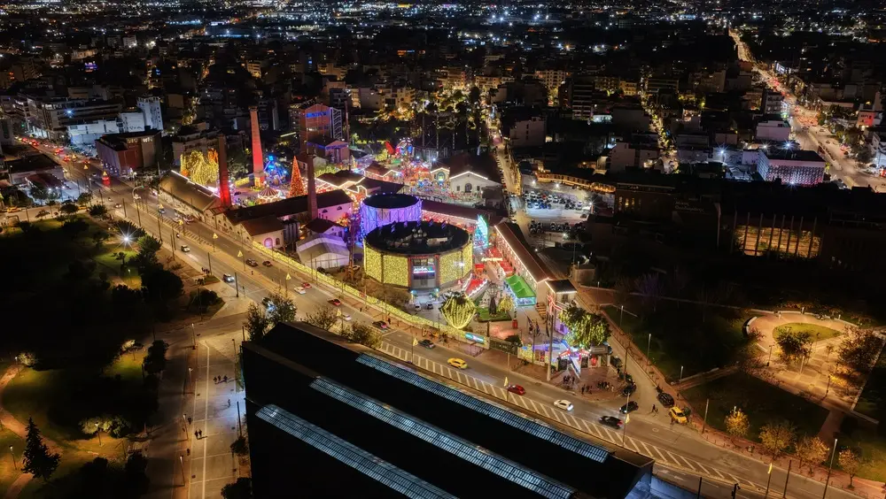 Large Christmas market and festive event illuminated at night