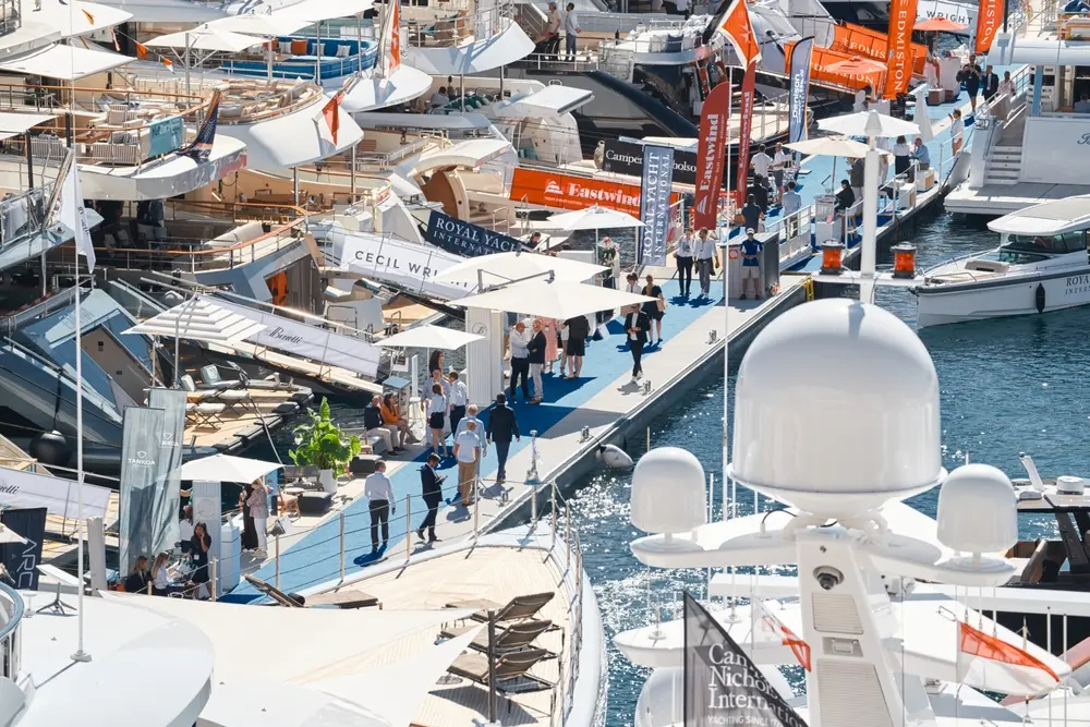 Monaco Yacht Show with superyachts, exhibitors and guests at Port Hercule