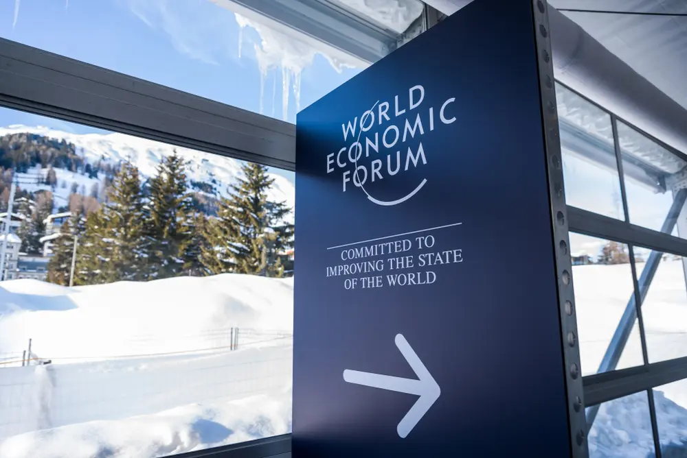 World Economic Forum signage in snowy Davos during the annual meeting